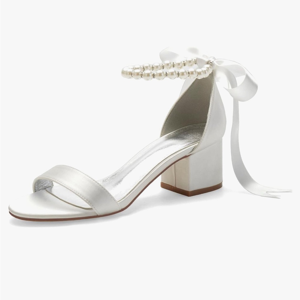 Elegant White Block Heel Sandals with Pearl Accent